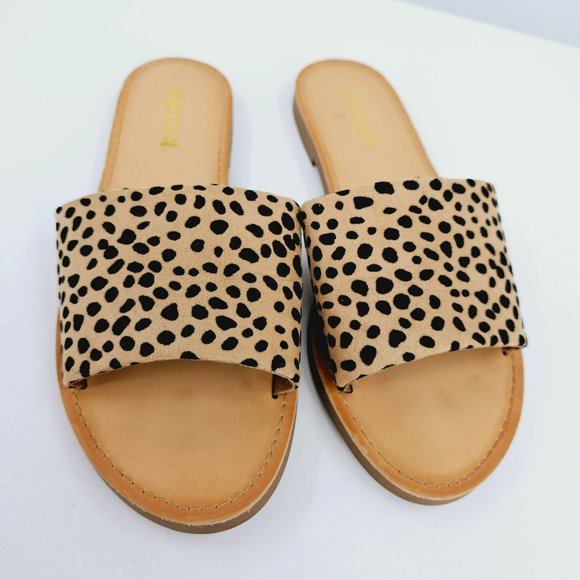 Soda Efron Cheetah Print Slide Sandals 6 Brown Black Tan Faux Suede Fabric Flats - Picture 10 of 14